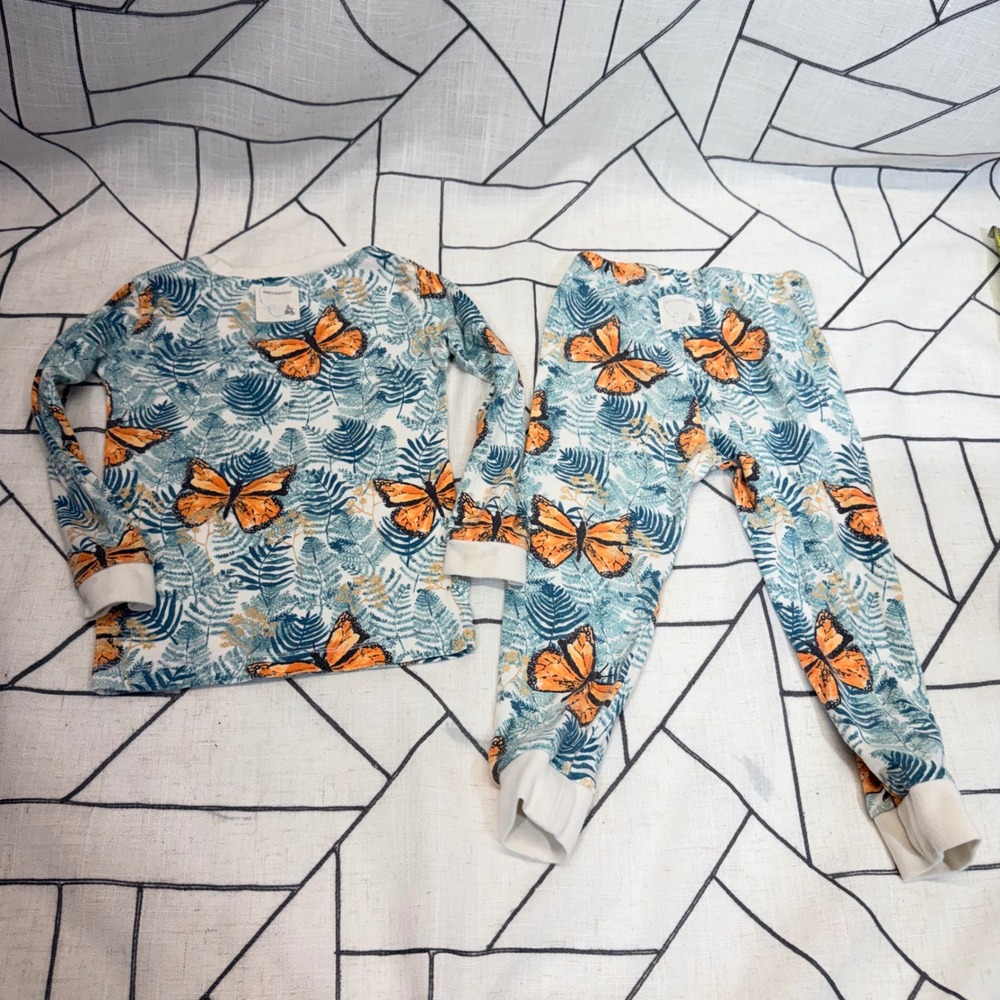 Burts Bees Baby Pajamas 2T Organic Cotton Butterfly Fern 2pc Set Teal Orange - Picture 8 of 11